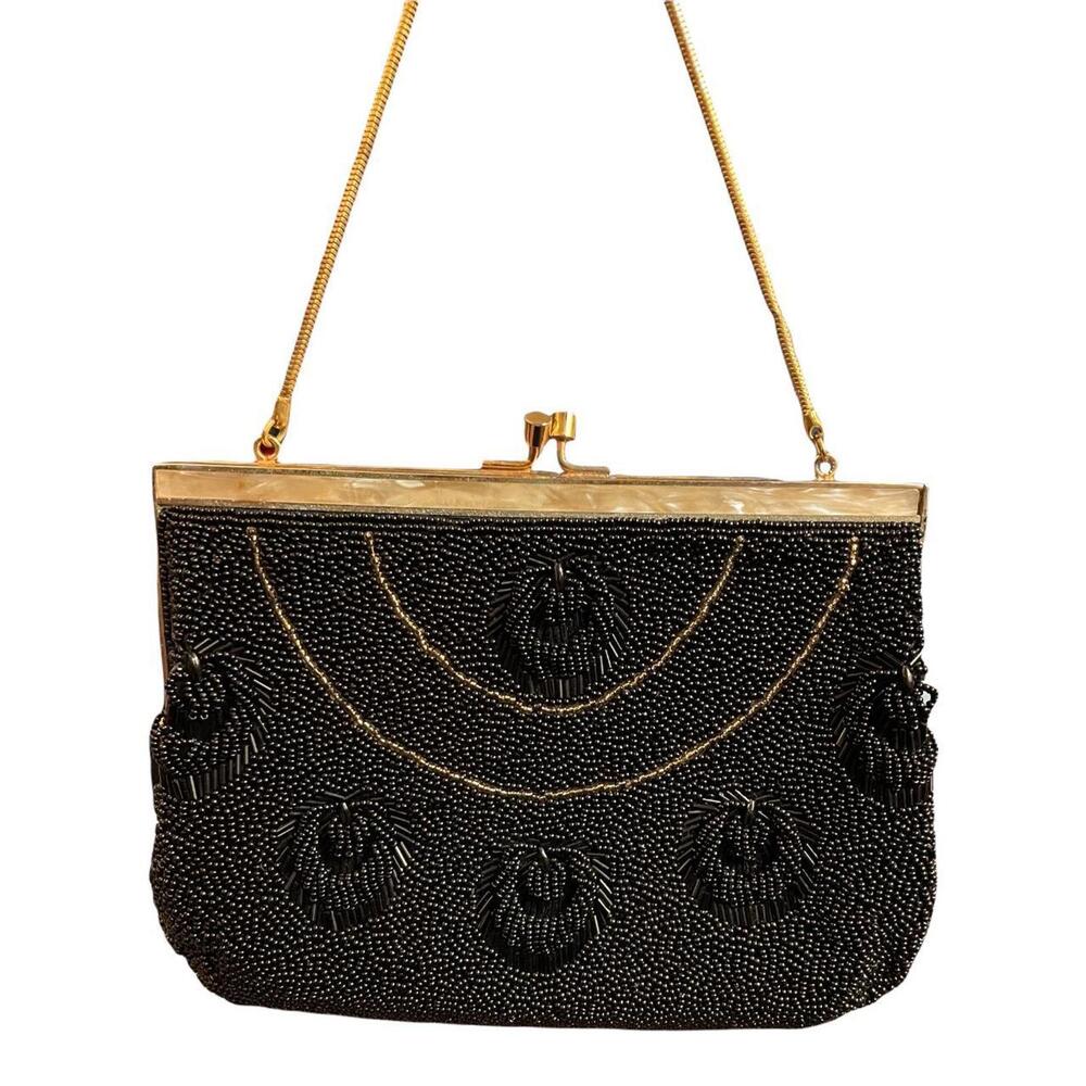 Vintage Mid Century Beaded Black with gold accents bag